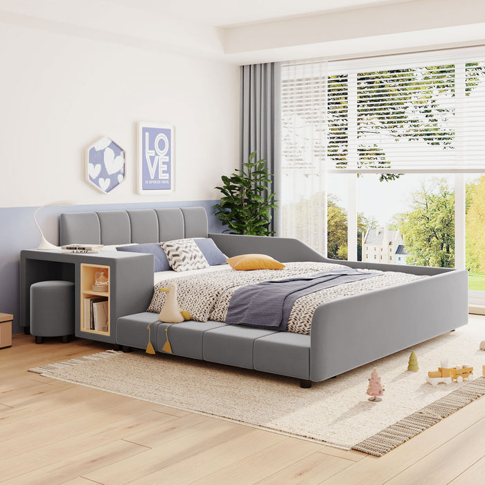 Lily Velvet Upholstered Grounded Bed with Desk and Stool,Full Size,Grey Full Bed