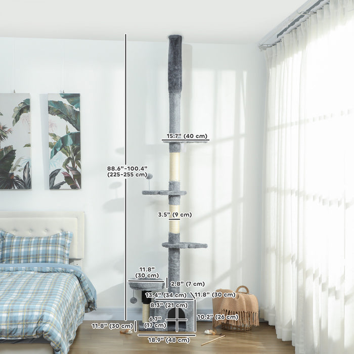 PawHut Floor to Ceiling Cat Tree, 4 Tiers Cat Tower, Adjustable Height 89-100\", Tall Kitty Climbing Tower w/ Scratching Post, Condo, Bed, Perches, Dangling Ball for Indoor Kittens