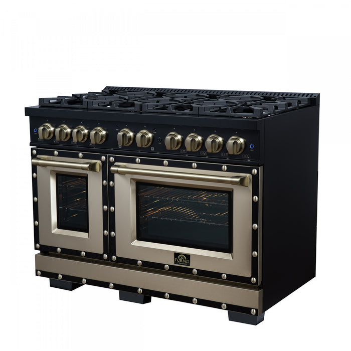 Forno Ambassador 48\" Gas Range in Black, 8 Sealed Burners, 6.7 Cu.Ft. Ovens - FFSGS6299-48CPBLK