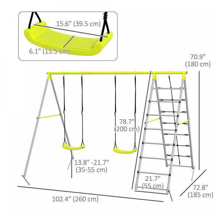 Outsunny 4 In 1 Metal Swing Set With Double Swings, Climber, Climbing Net, Heavy Duty Swing Set For Kids, Toddlers, Backyard, Outdoor, Playground, Green