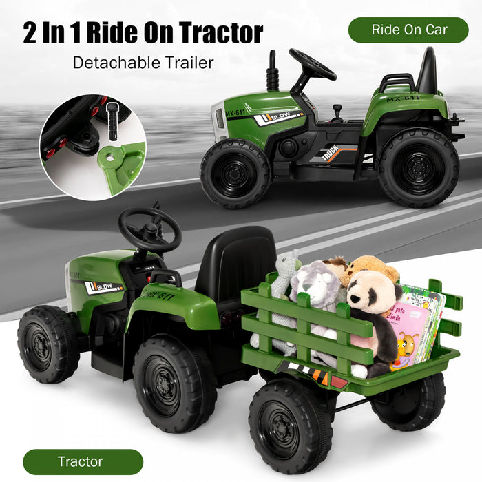Costway 12v Kids Ride On Tractor With Trailer Ground Loader W/ Rc & Lights Dark Green