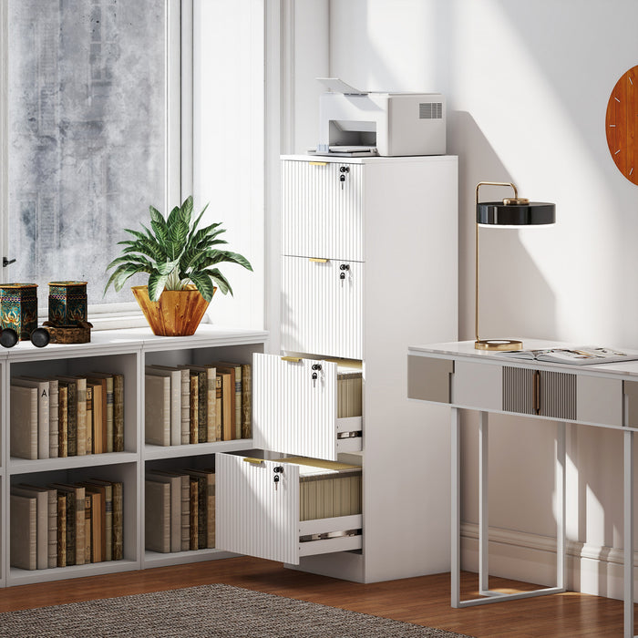 HOMCOM 4 Drawer File Cabinet Fluted Vertical Filing Cabinet with Lock White