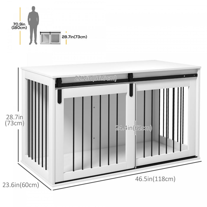 Pawhut Dog Crate Furniture, 46.5\" Dog Crate End Table Indoor Dog House For Extra Large Dogs, With Sliding Door, Lock, White