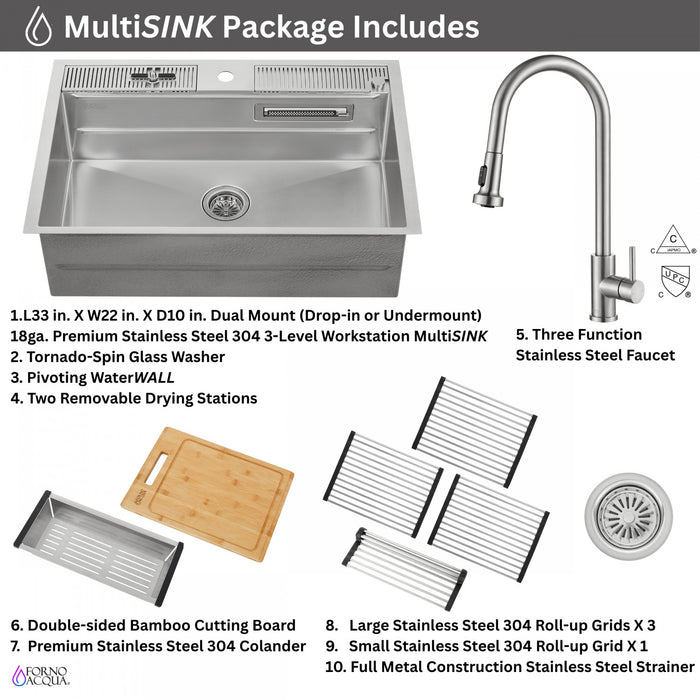 MultiSINK 33 in. Dual Mounted 3-Level Workstation Kitchen Sink, Faucet, Glass Rinser,Stainless Steel- D-WP30 Laundry Combo