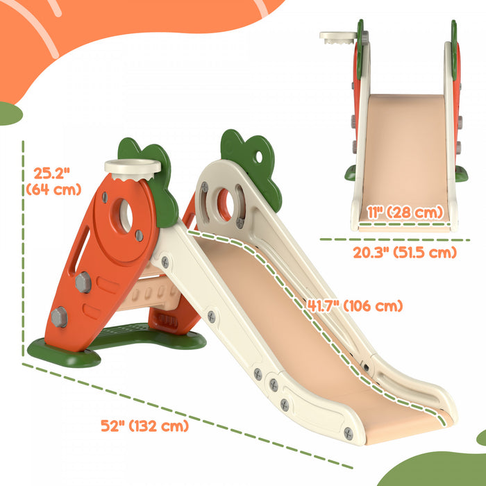Qaba Toddler Slide, 3 In 1 Kids Slide With Basketball Hoop, Climber, Carrot-themed Foldable Indoor Slide For 1-3 Years Old, Orange