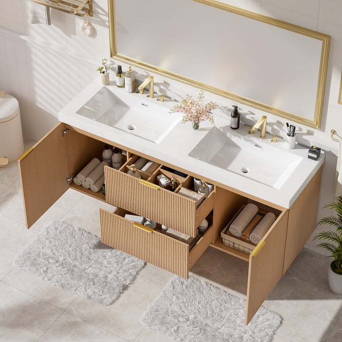 Weston 59.3-Inch Double Sink Floating Bathroom Vanity with Smart Storage, Natural
