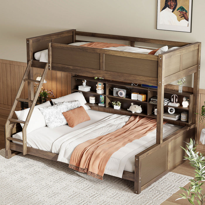 Liam Solid Wood Twin XL Over Queen Bunk Bed with Storage & USB Ports, Brown