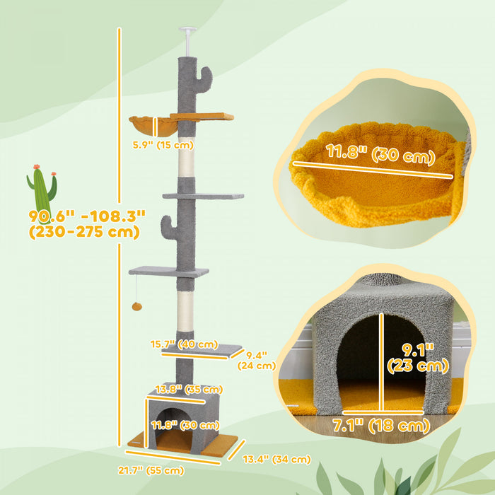 Pawhut Floor To Ceiling Cat Tree, Cat Tower With 90.5\"-108\" Adjustable Height, 5 Tier Activity Centre With Scratching Posts, Hammock, Condo, Toy Ball For Indoor Cats, Light Grey