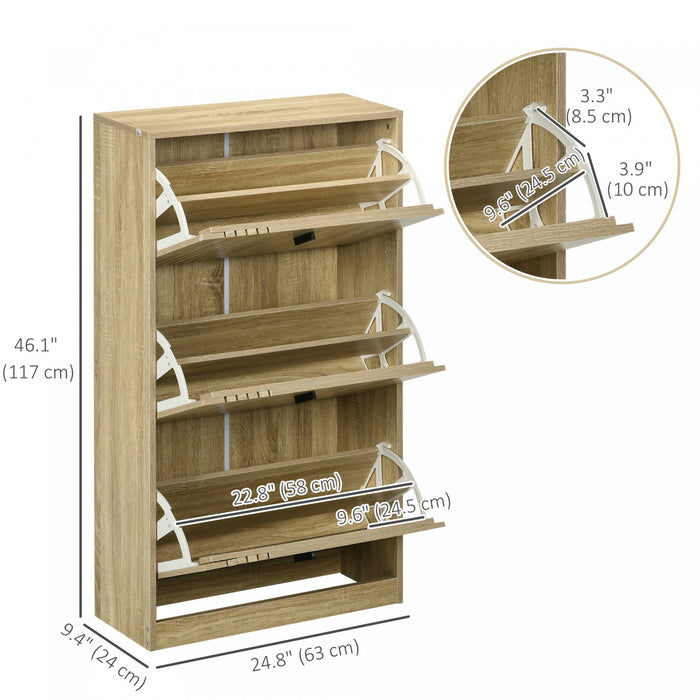 HOMCOM Shoe Storage Cabinet with 3 Flip Drawers for 18 Pairs of Shoes, Oak