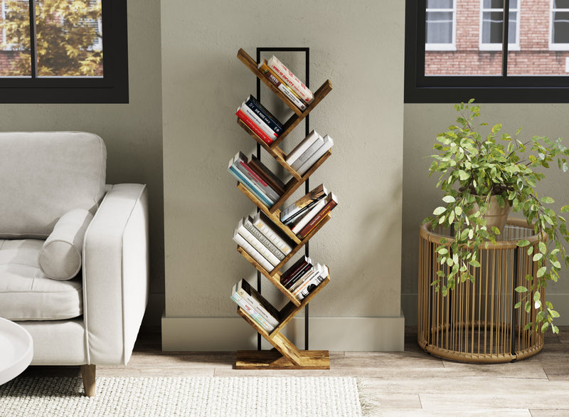 46” Tree Bookshelf With 8 Shelves – Brown Reclaimed Wood With Black Metal