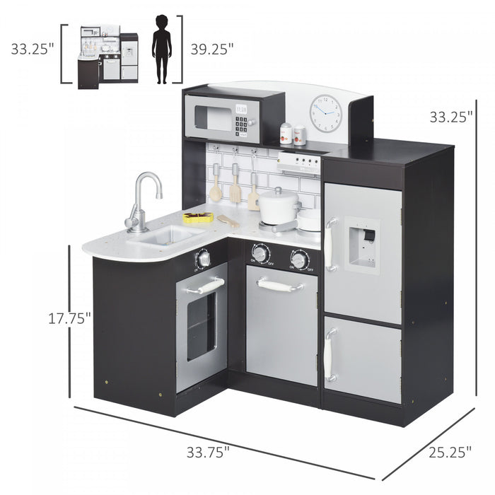 Qaba Kids Kitchen Play Cooking Toy Set For Children With Drinking Fountain, Microwave, And Fridge With Accessories - Black