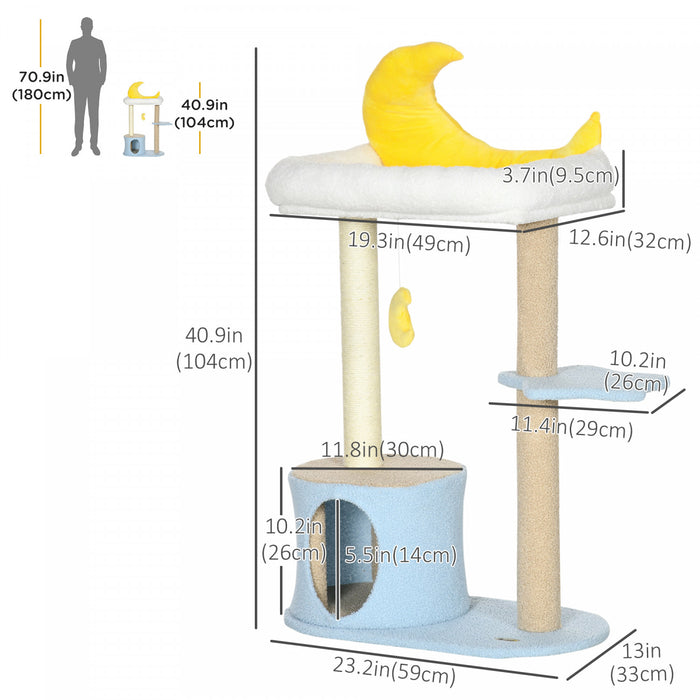 Pawhut 41\" Lovely Cat Tree For Indoor Cats With Teddy Fleece House And Bed, Kitten Tower With Scratching Post, Hanging Moon Shaped Toy, Star Platform, Blue