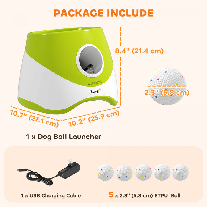 PawHut Automatic Dog Ball Launcher with 5 ETPU Tennis Balls, Dog Ball Thrower with 3 Distance Settings (20/33/46 ft), Indoor Outdoor Interactive Toy for Small Medium Breeds, Green