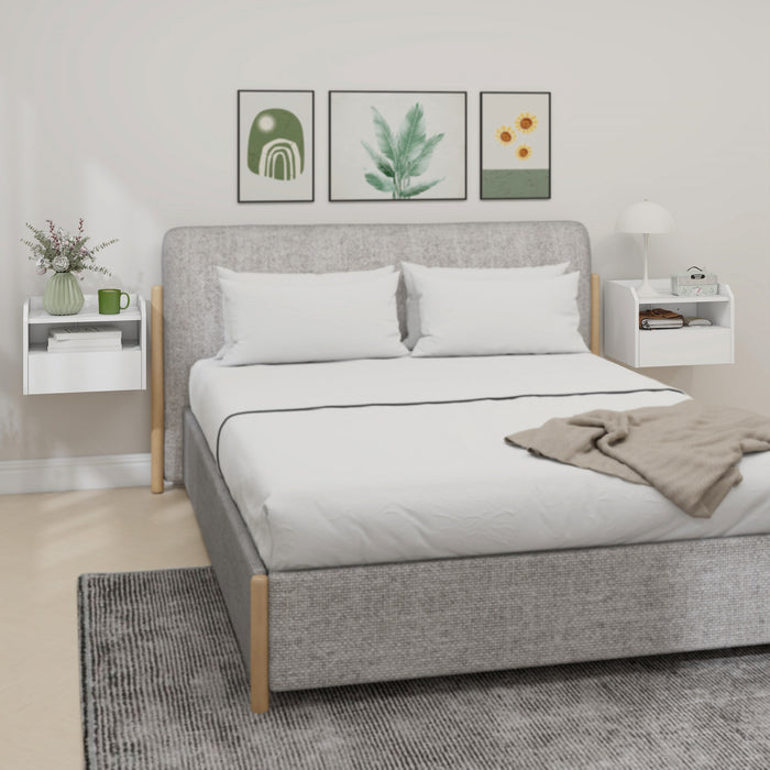 HOMCOM Set of 2 Floating Nightstand w/ Charging Station Bedside Table White