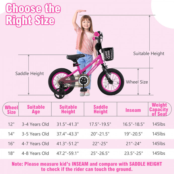 Costway 12\" Kid's Bike With Training Wheels Adjustable Handlebar & Seat Handbrake Pink