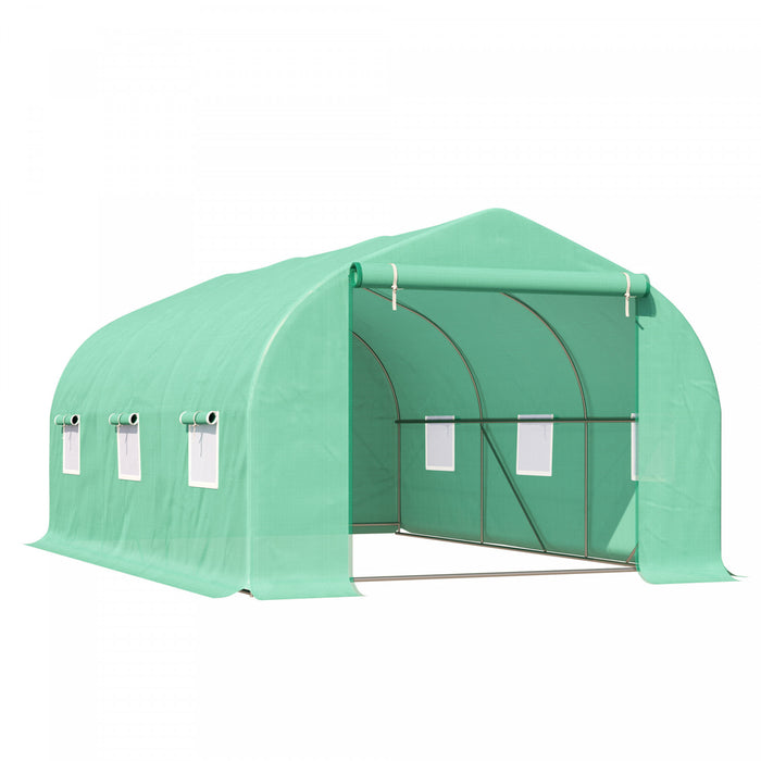 Outsunny 15' X 10' X 7' Walk-in Greenhouse Outdoor Plant Tunnel Warm Hot House W/ Roll Up Door And 6 Mesh Windows, Steel Frame, Green
