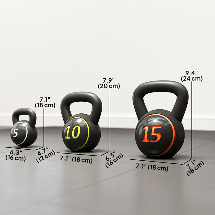Soozier Three-Piece Kettlebell Set Weights with Storage Stand for Home Gym Weight Lifting Training, 5lbs, 10lbs, 15lbs (2.2kg, 4.5kg, 6.8kg)
