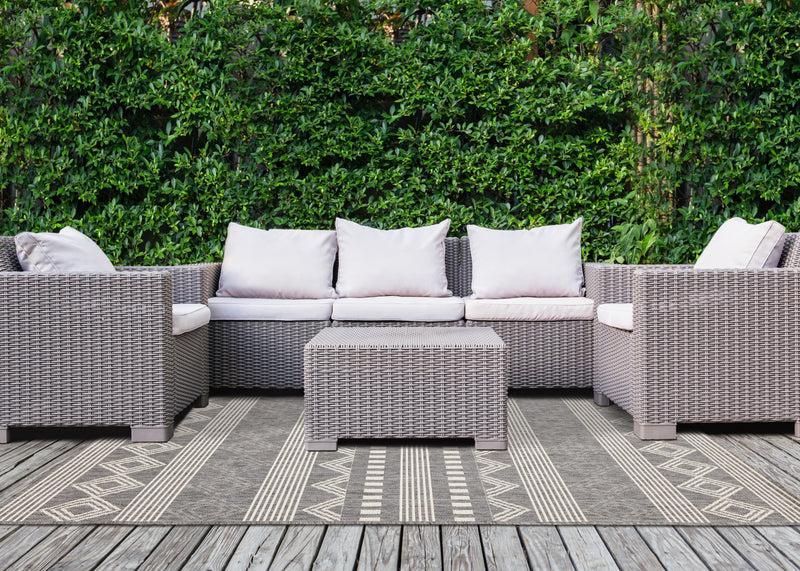 Jackson Grey White Patterned Rows Rug, 7'10\" x 10'6\" Outdoor Area Rug