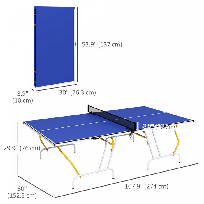 Soozier Full Size Ping Pong Table, Fold Into Quarters, Portable Table Tennis Table With Net, Paddles, Balls, Mdf, Blue