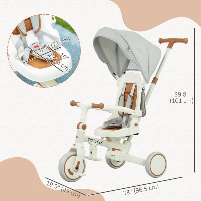 Qaba Toddler Tricycle, 7 In 1 Kids Trike With Adjustable & Removable Parent Handle, Canopy, Safety Harness, Folding Pedal, Storage Bag, Brake, Clutch, For 1-5 Years, Cream White