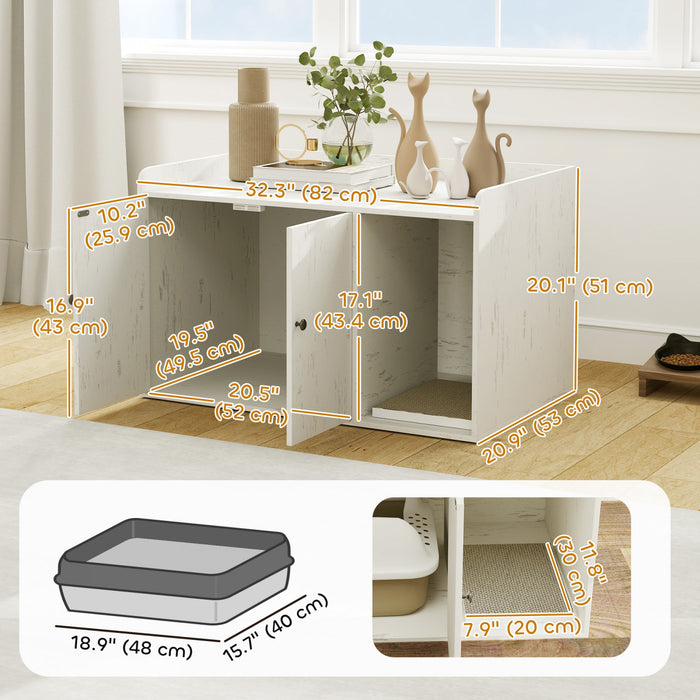 Pawhut Litter Box Enclosure, 32\" Hidden Washroom Furniture With Scratching Mat, Cat Entrance, Indoor Pet House, Side End Table Fit Most Of Cat And Litter Box, Distressed White