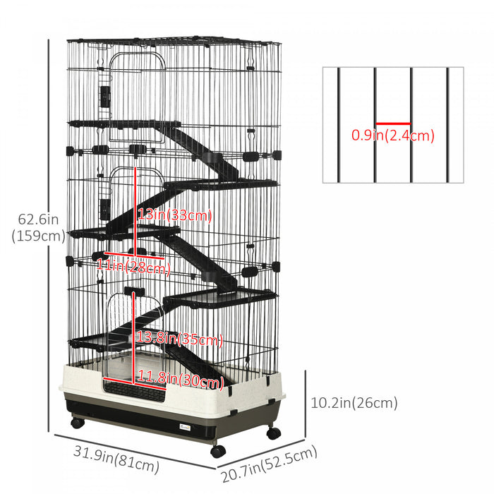 Pawhut 32\"l 6-level Small Animal Cage Rabbit Hutch With Universal Lockable Wheels, Slide-out Tray For Bunny, Chinchillas, Ferret, Black