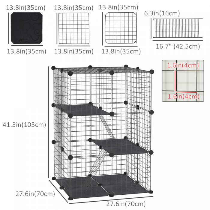 Pawhut 3-tier Diy Pet Playpen Small Animal Cage Bunny Hutch Portable Metal Wire With Ramps For Kitten Bunny Chinchilla Pet Mink Black