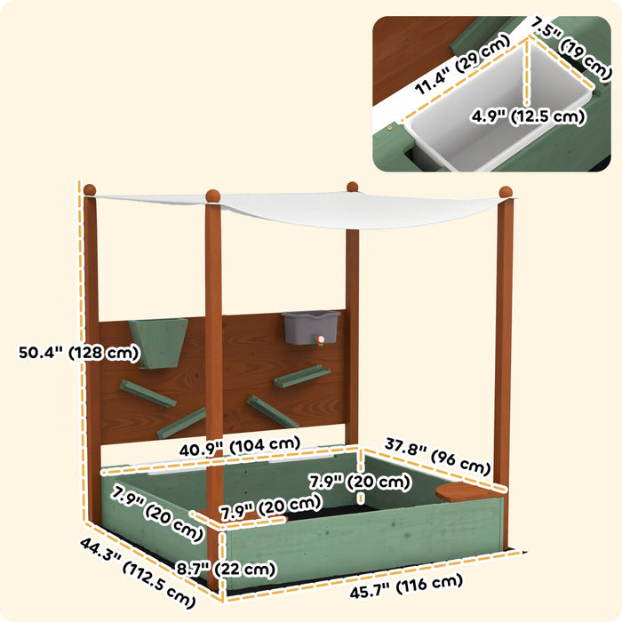 Qaba Kids Sandbox with Canopy, Sand Wall, Bottom Liner, 2 Storage Bins, Kids Outdoor Playset Sand Box for Backyard, Lawn, Garden, Beach, for 3-6 Years, 46\" L x 44\" W x 50\" H