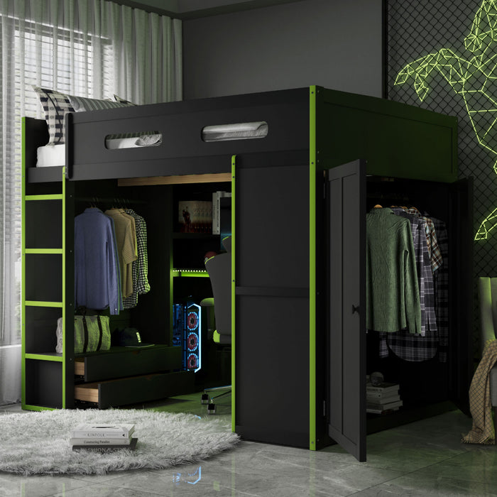 Jerry Wood Loft Bed with Desk and Storage,Full Size,Green Full Bed