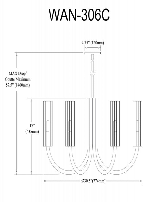 Dainolite Wand 6 Light Chandelier Matte Black/Aged Brass Frosted Glass Lamp