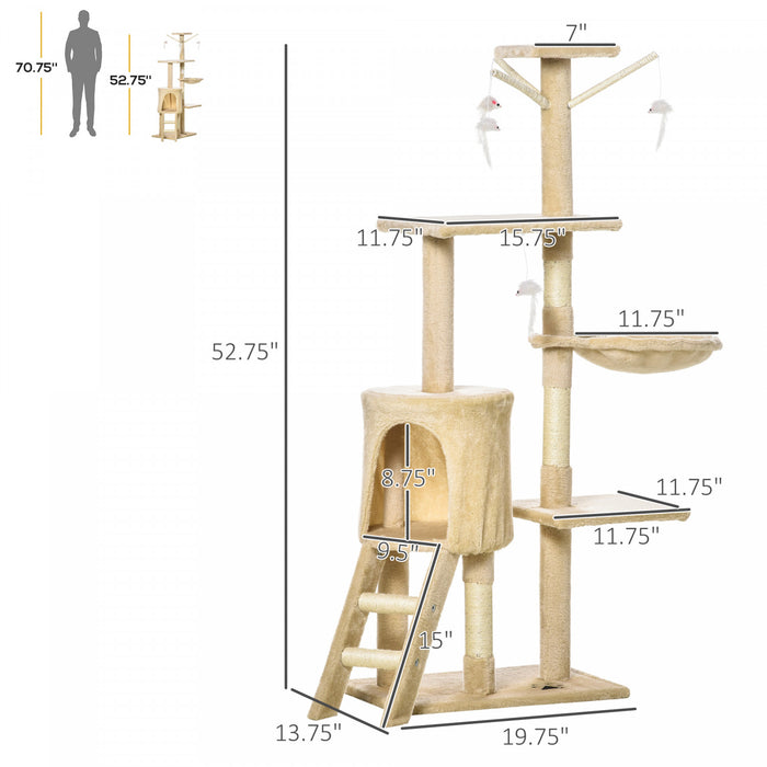 Pawhut 52\" Multi-level Cat Tree Kitten Playhouse Kitty Activity Center Scratching Post Rest Condo With Hammock Beige