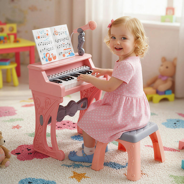 Costway 17.5in Height Mini Keyboard Piano for Kids 25 Keys Electric Piano w/Stool, Music Stand & Microphone