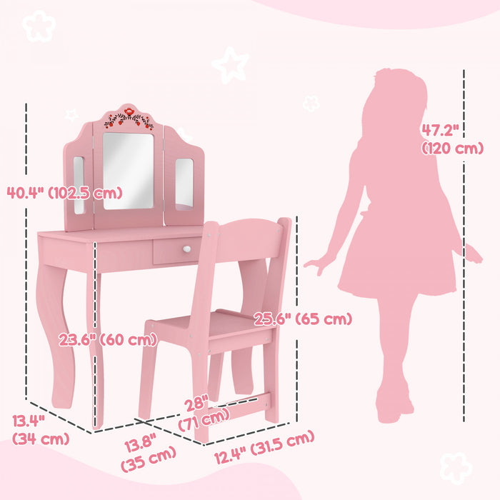 Qaba Kids Vanity Set, Dual-use Dressing Table With Removable Mirror, Makeup Table With Chair And Drawer, For Ages 3-8, Pink