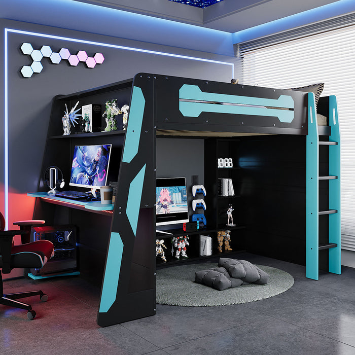 Olivia Wood Loft Bed with Desk and Multi-storage Shelves,RGB Light,Blue Full Bed