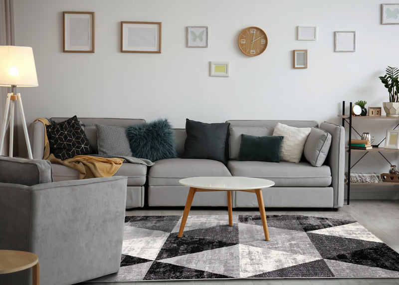 Covington Black White Grey Distressed Geometric Triangle Rug, 6'7\" x 9'10\" Indoor Area Rug