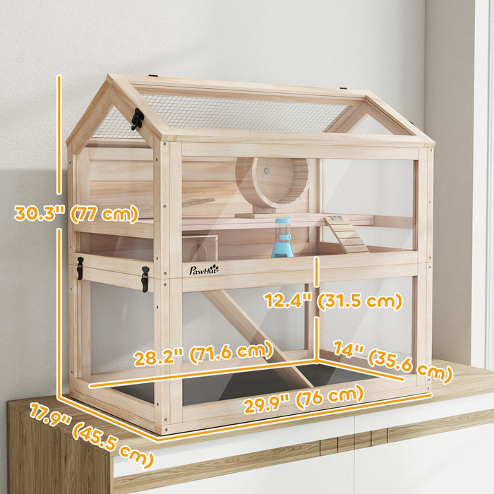 PawHut Wooden Hamster Cage, 3-Tier Gerbil Cage with Openable Top, Wheel, Seesaw, Hut, Ramps, Water Bottle, Transparent Panels for Dwarf Hamsters and Gerbils, 30.1\" x 17.9\" x 30.6\"