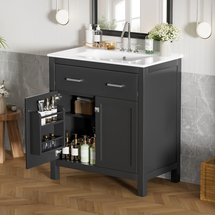 Baker 30 Inch Modern Bathroom Vanity with Ceramic Sink & Storage Cabinet, Black