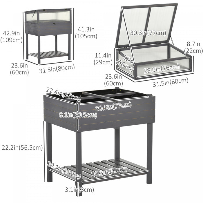 Outsunny Raised Garden Bed With Cold Frame Greenhouse, Grow Grids And Storage Shelf, Outdoor 2 Tiers Elevated Wood Planter Box For Herbs And Vegetables, Use For Patio, Backyard, Balcony