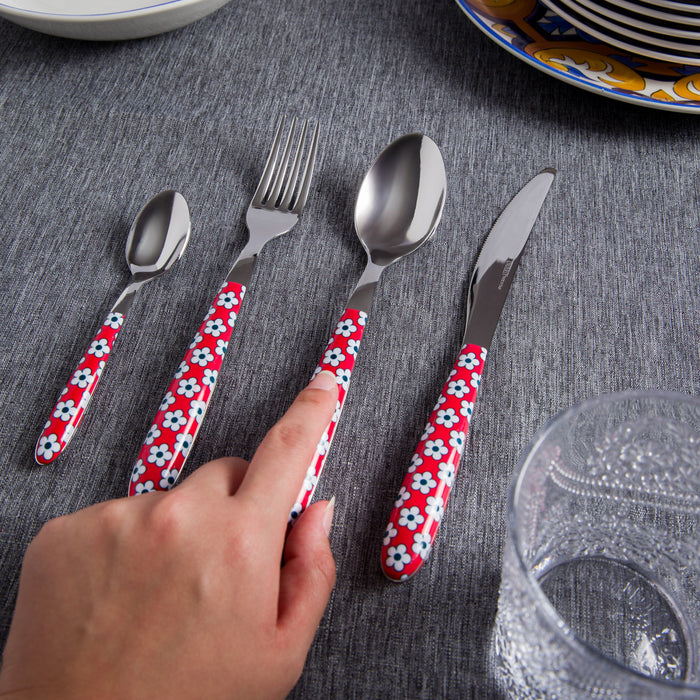 Arimi Nilu Decor Italian Stainless Steel 24 Piece Flatware Set - Service For 6 - Flower Red Handle