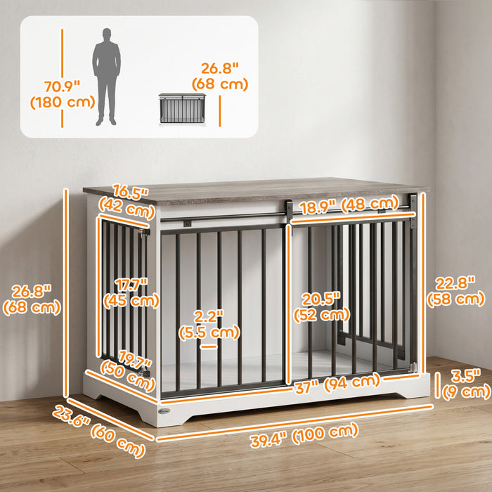 PawHut Dog Crate Furniture, 100 cm Wooden Dog Kennel Indoor Double Door with Sliding Barn Door, Decorative Pet Kennel End Side Table for Large Breeds, White