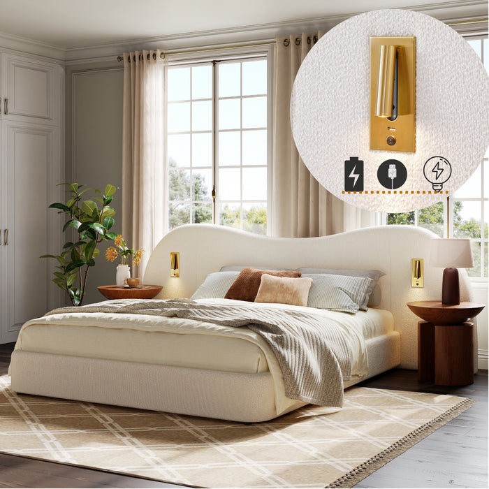 Garcia Cloud-Shaped Boucle Upholstered Bed with Built-In Reading Lights and USB Ports,King Size,White King Bed