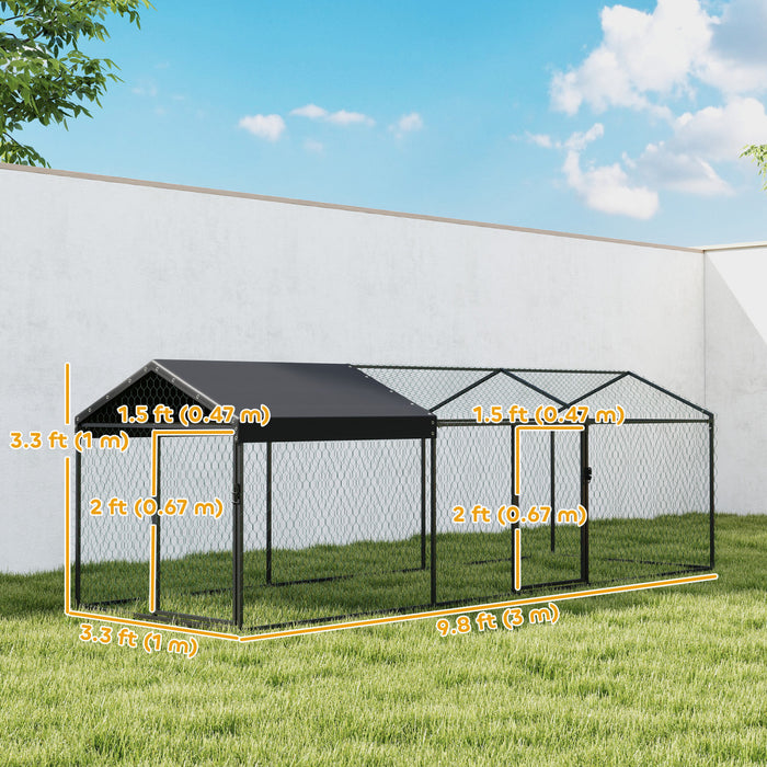 PawHut Metal Chicken Coop, Large Chicken Run with Waterproof & Anti-UV Cover for 3-5 Poultry, Outdoor Poultry Cage Rabbit Hutch for Backyard Farm, for Duck, Cat, 9.8 x 3.3 x 3.3 ft