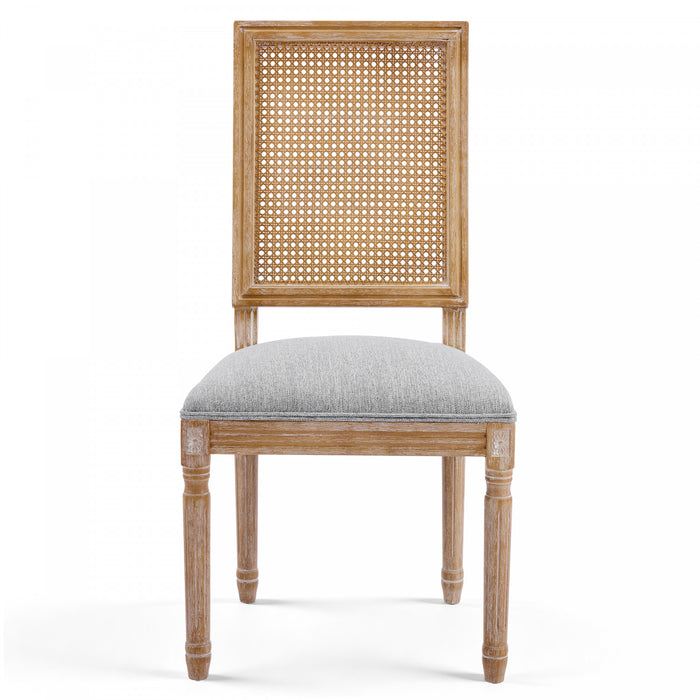 Oliver Solid Wood Rubberwood Dining Chair Set of 2 with Upholstered Seat Cane Backrest and Fluted Legs,Grey
