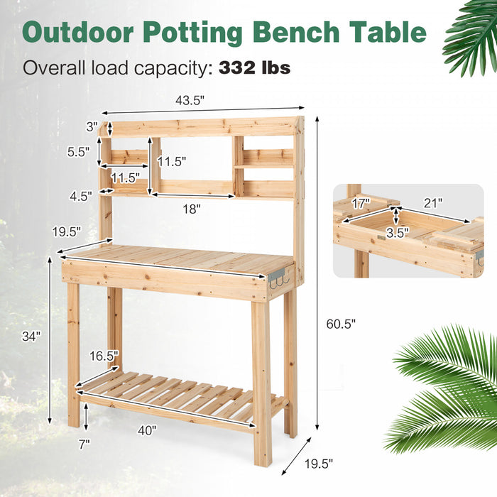 Costway Potting Bench Table Wooden Garden Work Bench Platform With Display Rack Hidden Sink