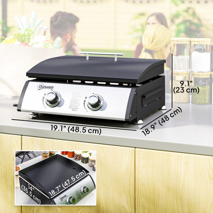 Outsunny Liquefied Gas Grill with 2 Stainless Steel Burners, Portable Tabletop Gas BBQ with Non-Stick Griddle, 9000 Each Burner for Camping, Picnic, Backyard, Silver