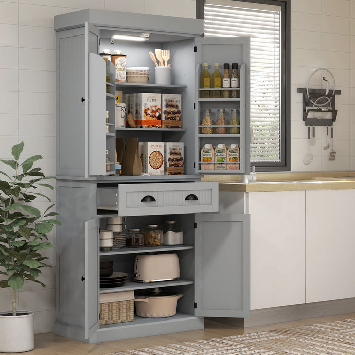 HOMCOM 71\" Kitchen Pantry Cabinet with Spice Racks and LED Lights, Grey