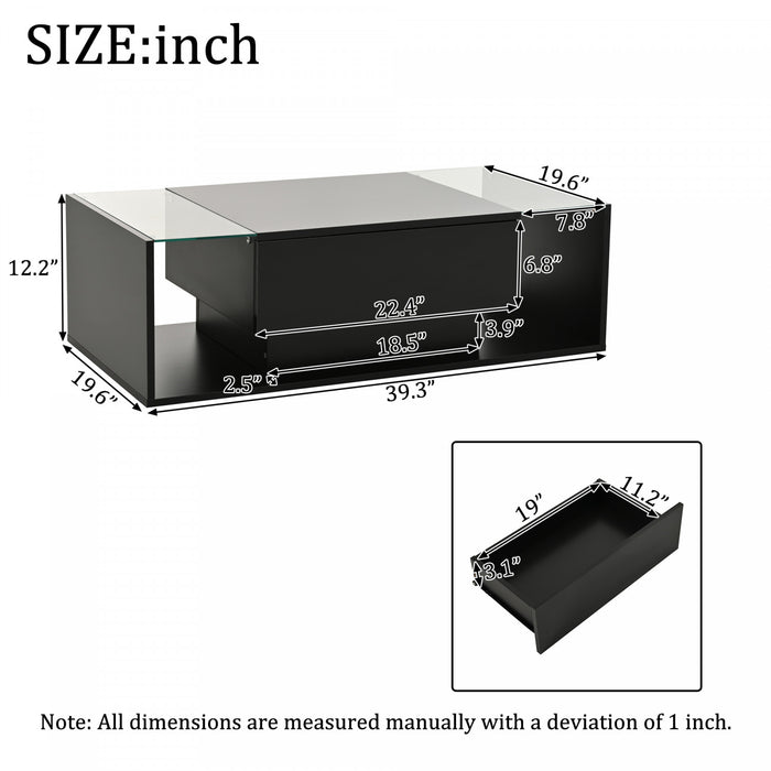Gleam 39.3 Inch High-Gloss Coffee Table with LED Lights, Drawer and Glass Side Panels, Black