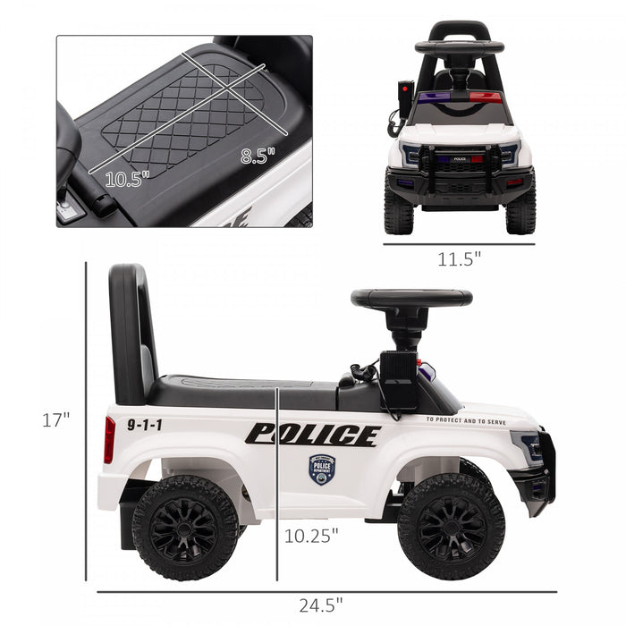 Aosom Kids Ride On Sliding Car With Hidden Under Seat Storage, Ride On Police Car For Toddler With Megaphone, Anti Dumping Device, Removable Backrest, Foot-to-floor Design, Aged 18-60 Months, White