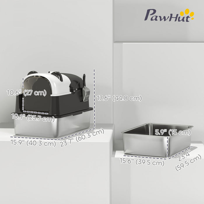 Pawhut Xl Stainless Steel Cat Litter Box With Lid For Big Cats, Enclosed Kitty Litter Box Panda Style Easy Cleaning, Anti-leakage, Non-sticky & Odour Control, Scoop Includes