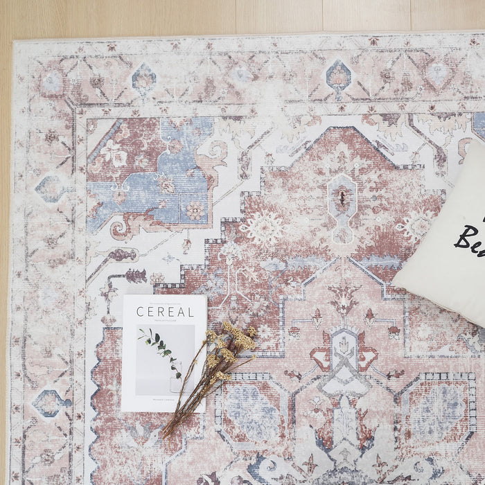 Aqua Rustic Washable Non-slip Low Pile Area Rug 5'x7'